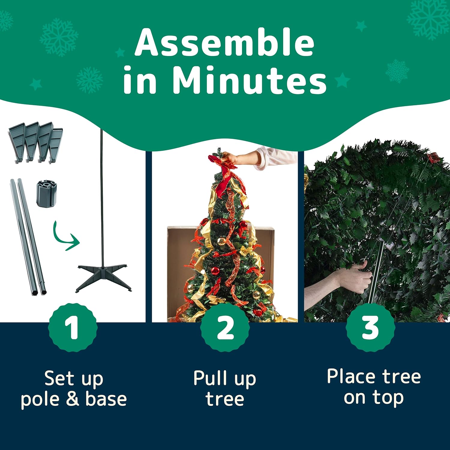 PREXTEX 6 ft Fully Decorated Christmas Tree, Gold and Red Collapsible Christmas Tree with 350 Warm Lights, Bows, Ornaments, Holly Leaves and More, Pop Up Xmas Trees with Lights